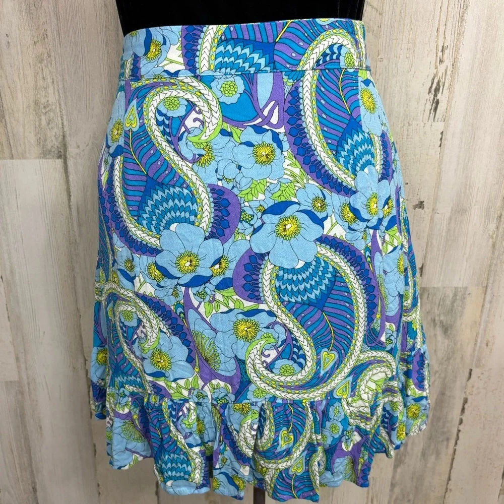 Scoop Paisley Floral Wrap‎ Mini Skirt in Blue and Green